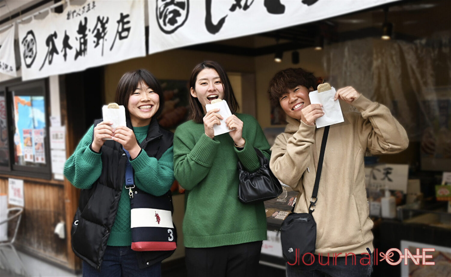 四国を応援! VERTZの庄司奈々選手、辻井美波選手、須永小晴選手が愛媛県松山市道後商店街の谷本蒲鉾店を女子旅!-Journal-ONE撮影