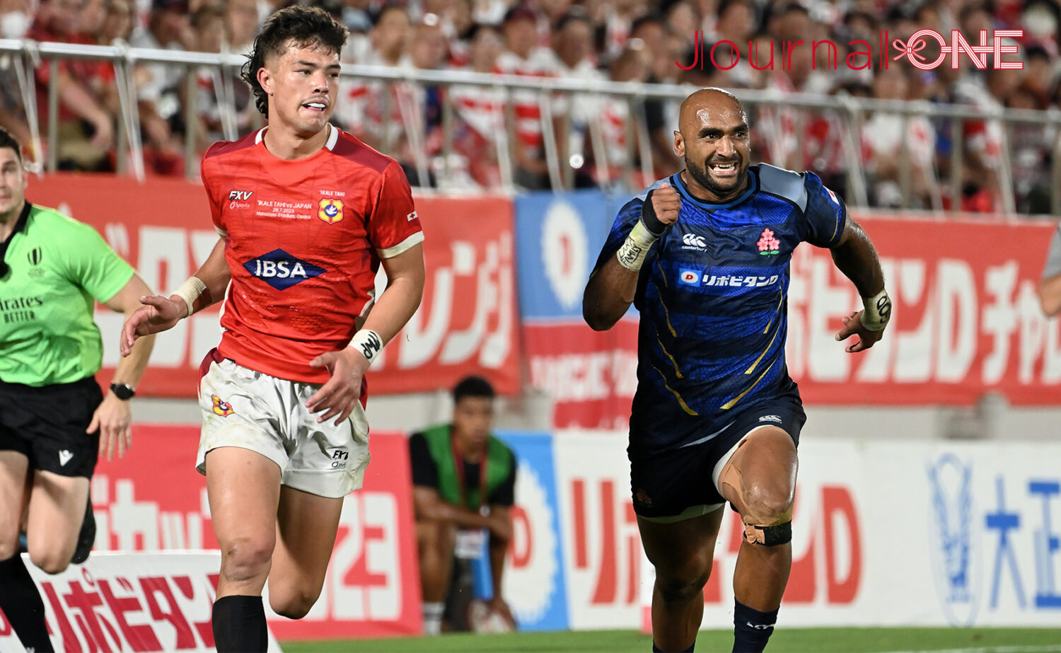 リポビタンD2023| JAPAN vs トンガ | 攻守にわたり活躍した日本代表の＃11 地元の花園近鉄ライナーズでプレーしている WTBのセミシ・マシレワ（Semisi MASIREWA）選手-Journal-ONE撮影