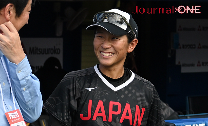 日米対抗ソフトボール2023 横浜スタジアムで行われた第3戦の試合前にコメントする石川恭子選手(トヨタレッドテリアーズ) -Journal-ONE撮影