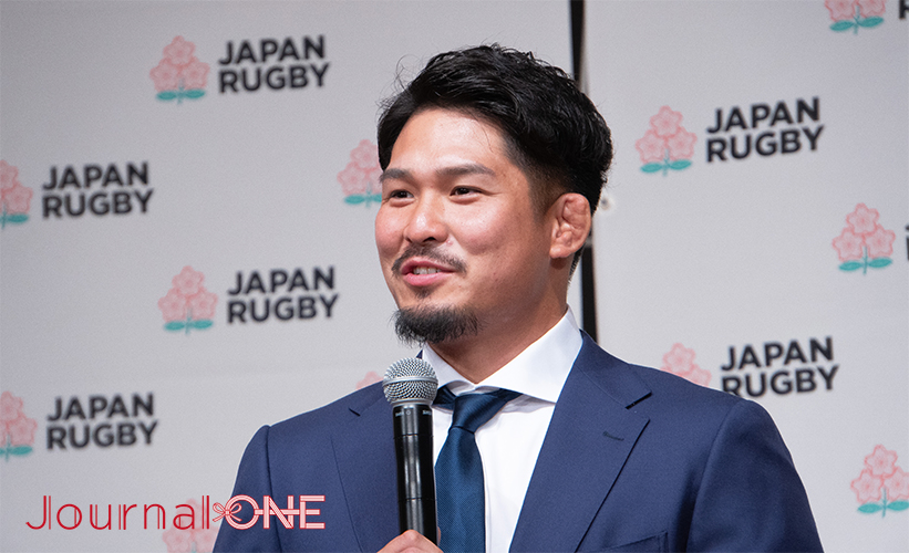ラグビーワールドカップ日本代表メンバーの発表会見に続いて、姫野和樹(トヨタヴェルブリッツ)選手がW杯への抱負を語る-Journal-ONE撮影