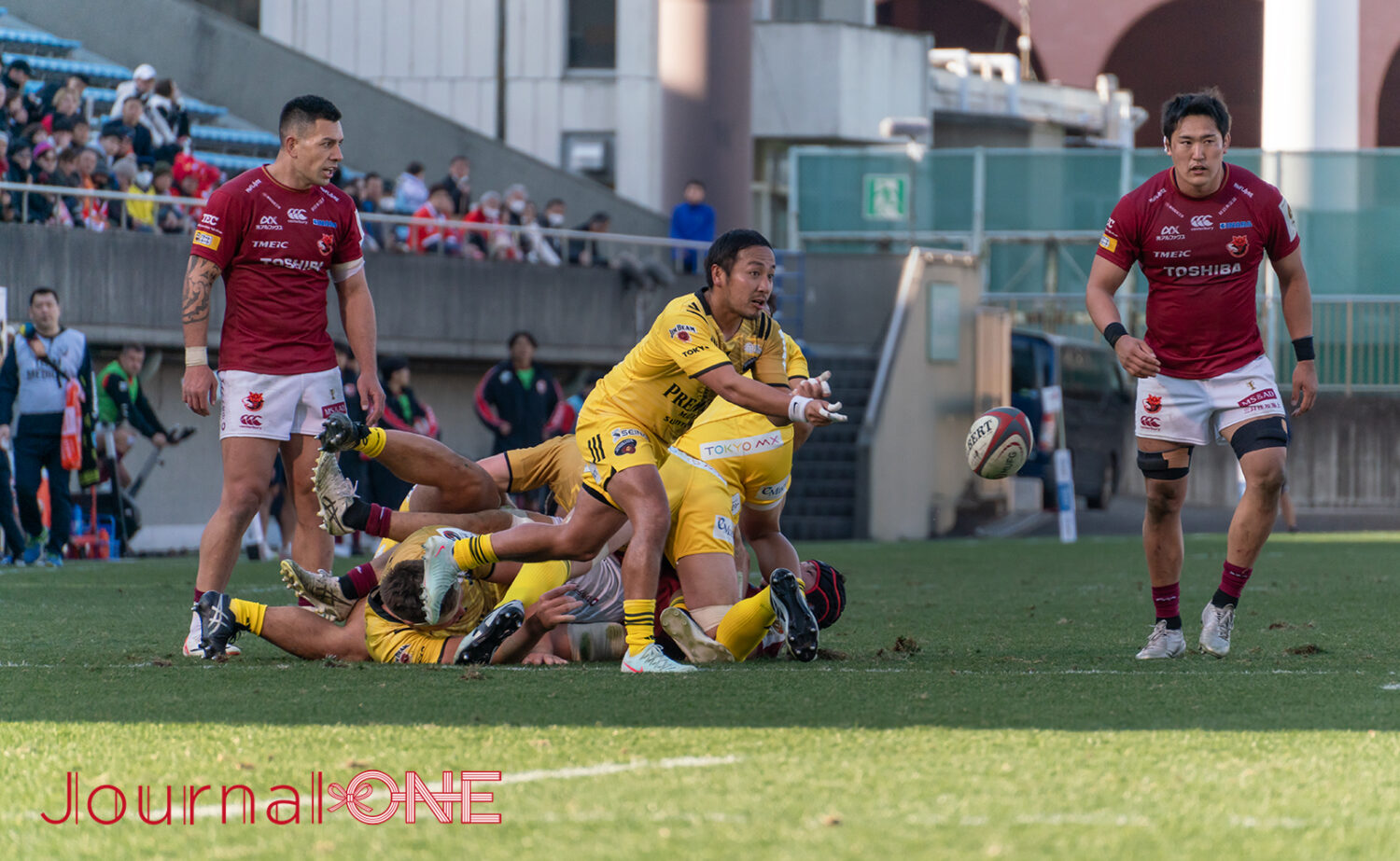 絶妙なパスワークから再三のトライを演出した東京SGの流大選手-JournalーONE撮影