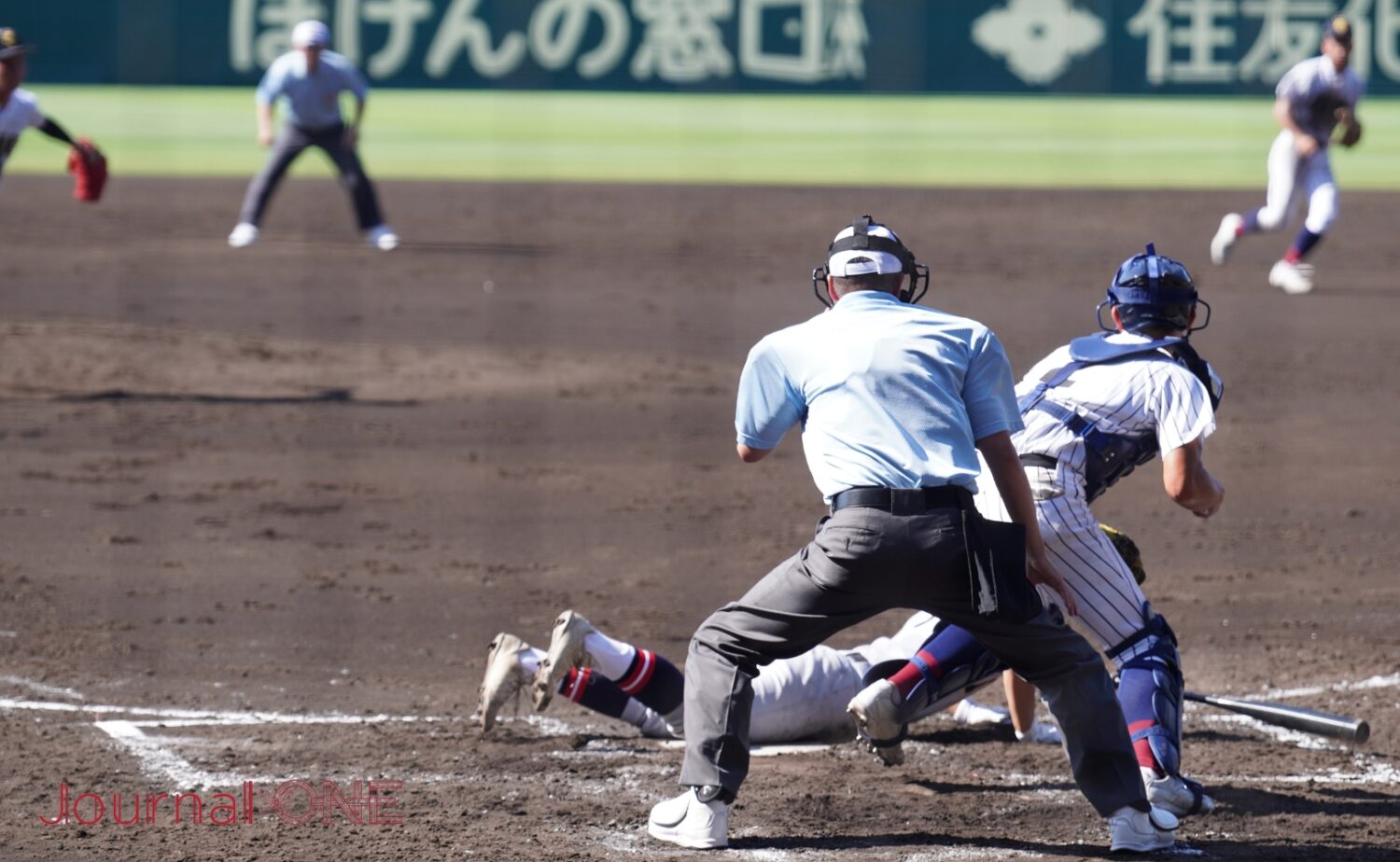 飛びついてスクイズを決める砂（仙台育英）-Journal-ONE撮影