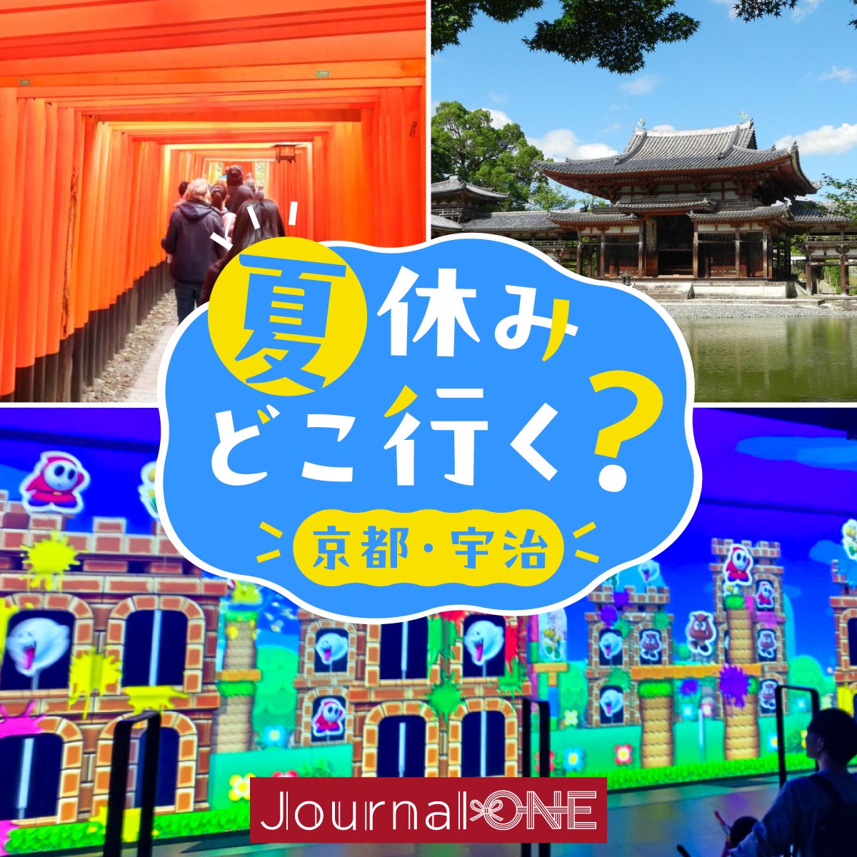 画面左上に伏見稲荷大社の朱色の千本鳥居を歩く参拝者、右上に水面に映る世界遺産・平等院鳳凰堂、下部全面にニンテンドーミュージアムの体験エリアで巨大スクリーンに映し出されたゲームの世界を体感する来館者の様子を配し、中央に「夏休みどこ行く? 京都・宇治」のポップな青い文字ロゴを配した特集記事ビジュアル