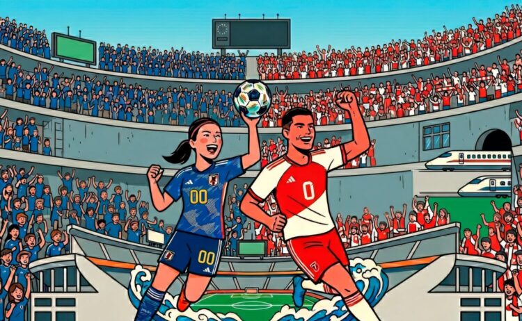 2026年に開催予定の国際サッカー大会をモチーフに、満員のスタジアムを背景として象徴的な選手たちが競り合う様子を描いたオリジナルイメージビジュアル。