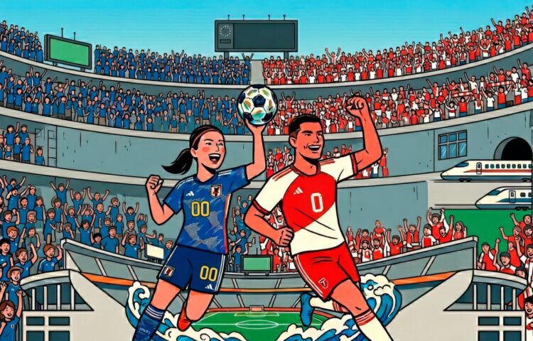 2026年に開催予定の国際サッカー大会をモチーフに、満員のスタジアムを背景として象徴的な選手たちが競り合う様子を描いたオリジナルイメージビジュアル。