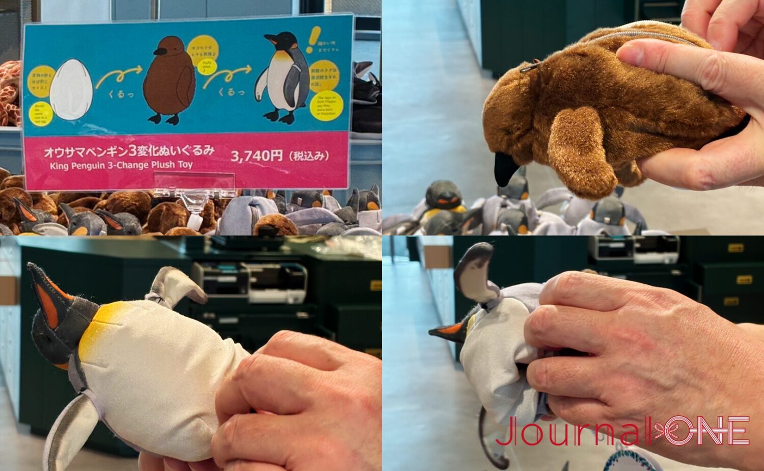 海遊館オフィシャルショップで販売されている「ペンギン三変化」のぬいぐるみ。卵からヒナ、そして親鳥へと成長する姿を再現している。