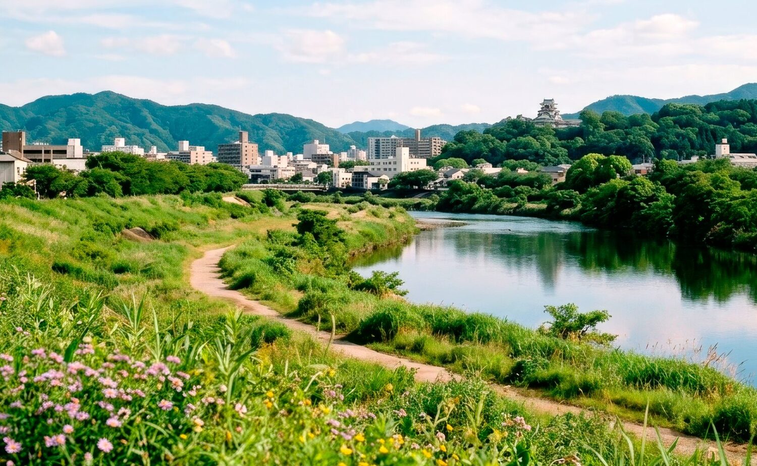 川と街並み、自然が近接する高知市の風景