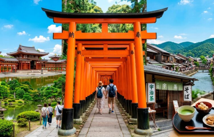 京都宇治の日帰りモデルコースを表現した観光イメージ 平等院鳳凰堂 伏見稲荷大社の千本鳥居 京都の街並みと和食