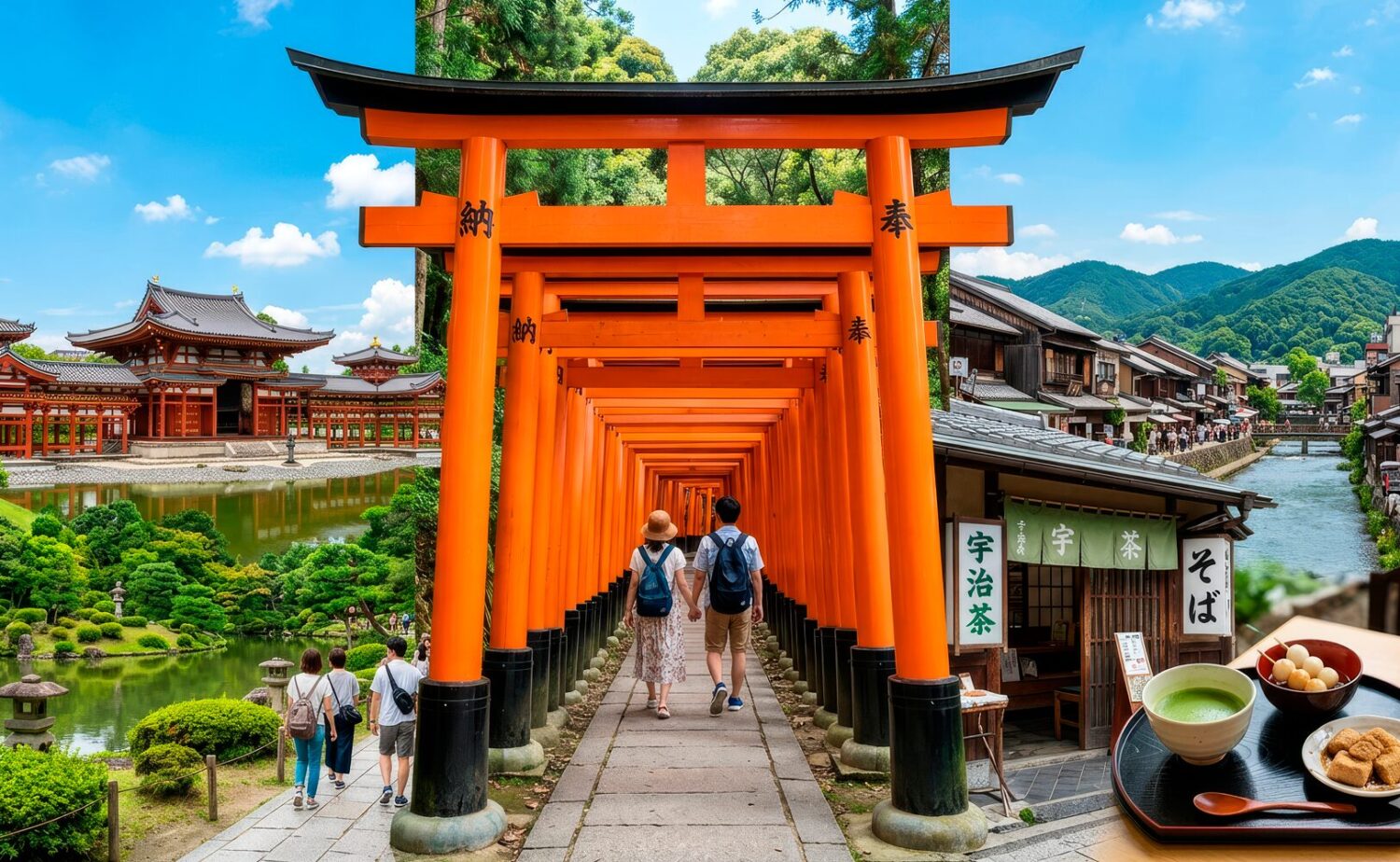 京都宇治の日帰りモデルコースを表現した観光イメージ 平等院鳳凰堂 伏見稲荷大社の千本鳥居 京都の街並みと和食