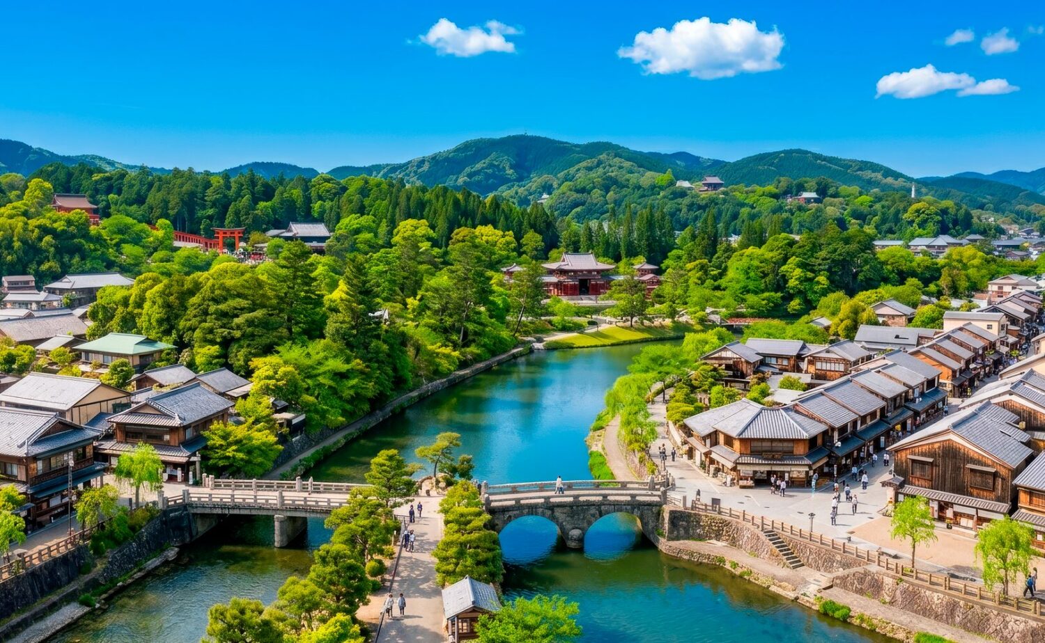 京都宇治の日帰りモデルコース全体の流れを表現した風景 宇治川周辺の街並みと自然
