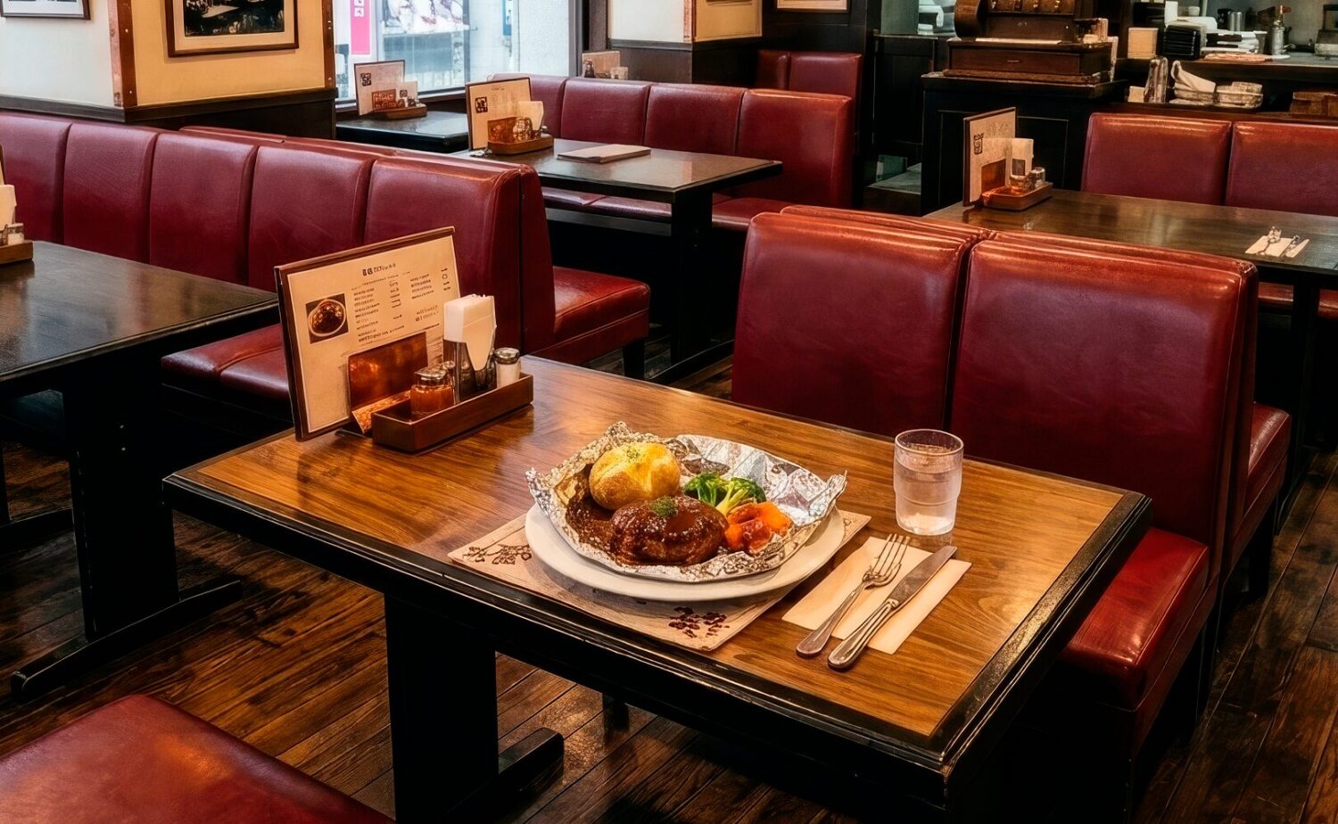 京都のキャピタル東洋亭で提供されるハンバーグランチと店内の様子