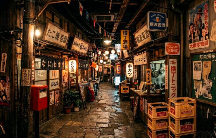 大阪・なにわ食いしんぼ横丁の昭和レトロな路地空間と屋台風飲食店の様子
