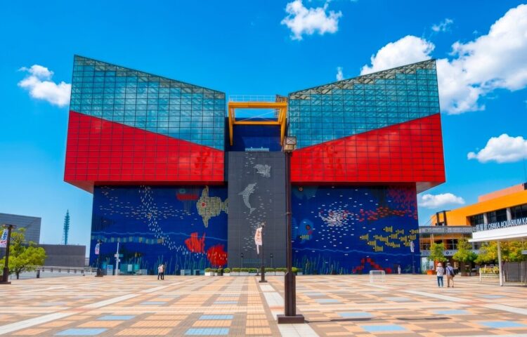 大阪港の天保山エリアに位置する水族館「海遊館」の外観。赤と青の色彩とガラスが織りなす大胆な建築デザインが特徴。