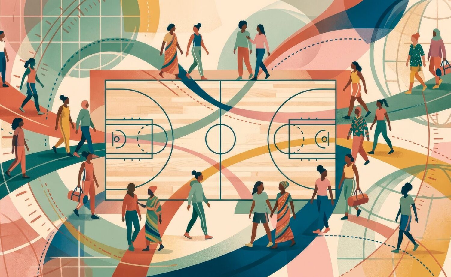 女子バスケットボールW杯で世界各地から集まるチームと人の流れを象徴的に描いたイメージ