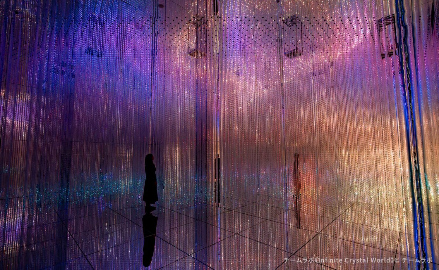 チームラボバイオヴォルテクス京都で展示されているチームラボのアート作品《Infinite Crystal World》。無数の光のが立体的に配置された空間の中央を鑑賞者が歩み進み、無数の光の点が連続して光の彫刻を創り出す幻想的な作品空間