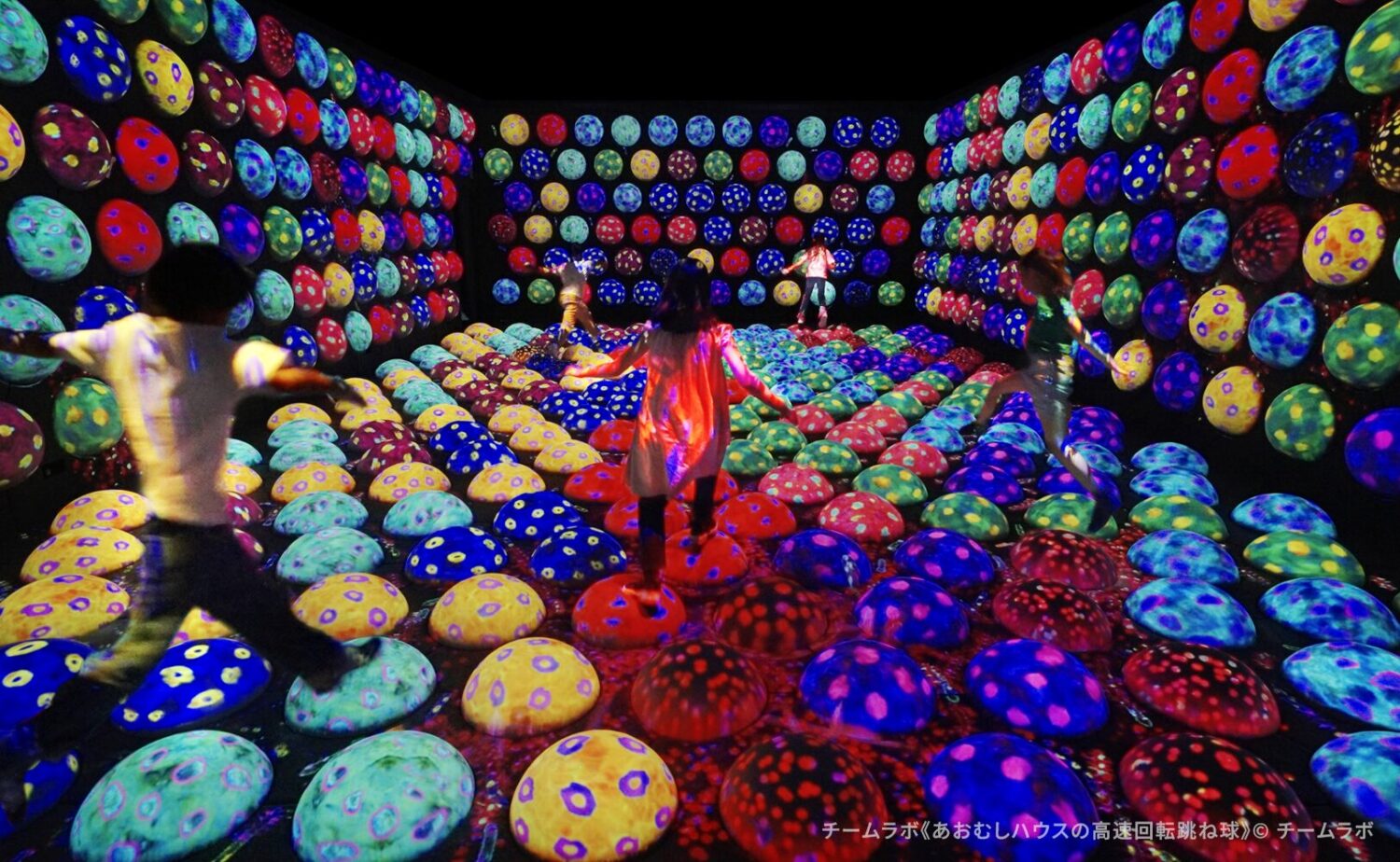 teamLab Biovortex KYOTO（チームラボバイオヴォルテクス京都）」内で展示されているチームラボのアート作品《あおむしハウスの高速回転跳ね球》。壁面から床面まで色彩豊かな模様が描かれた無数の半球状・球状の立体が敷き詰められ、鑑賞者がその上を飛び跳ねたり足を踏み出したりすることで光と立体が連動して変化するインタラクティブな体験空間。