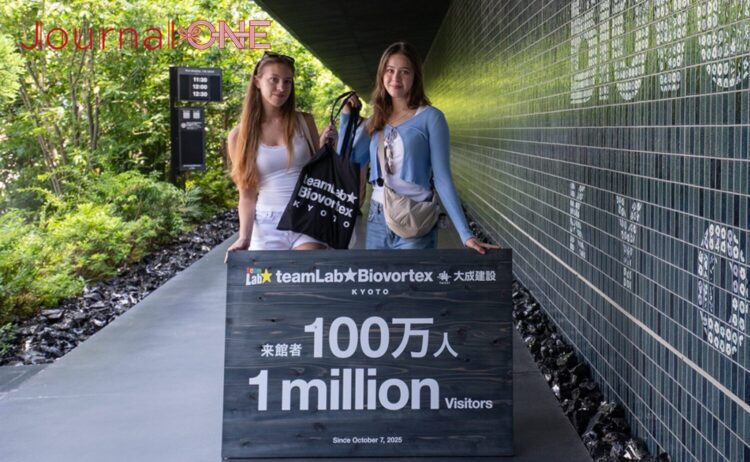 「teamLab Biovortex KYOTO（チームラボバイオヴォルテクス京都）」のアプローチ空間で行われた、来館者100万人達成の記者会見。手前に置かれた「来館者 100万人 1 million Visitors」と書かれた木製の記念看板を挟み、記念のオリジナルトートバッグを手にする2人の外国人女性来館者。右側に続く深い緑色のタイル壁面と、左側に広がる豊かな植栽の緑に囲まれた通路で、歴史的な節目を祝うセレモニーの様子を捉えた。