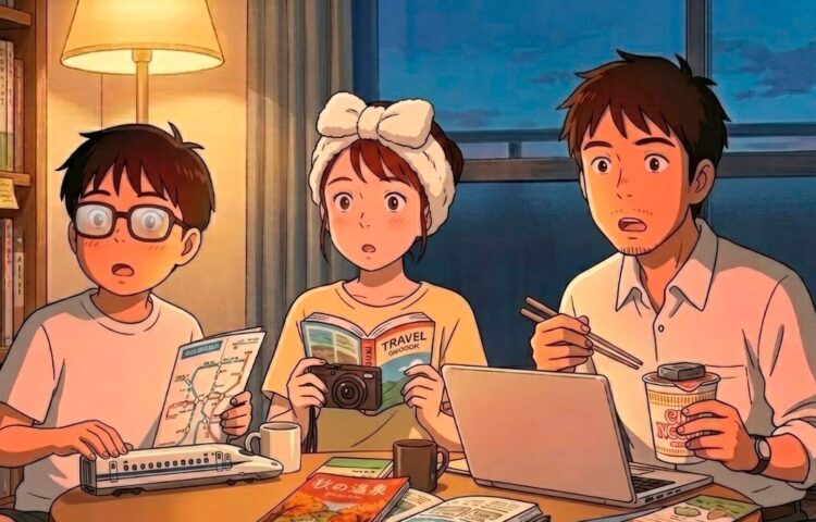 秋冬の国内旅行を計画する3人。時刻表やガイドブックを広げ、旅の行き先を考える様子を描いたイラスト。