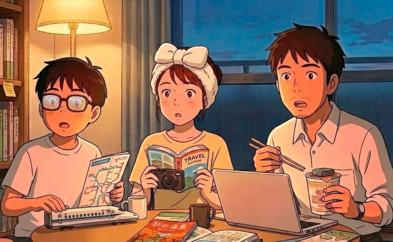 秋冬の国内旅行を計画する3人。時刻表やガイドブックを広げ、旅の行き先を考える様子を描いたイラスト。