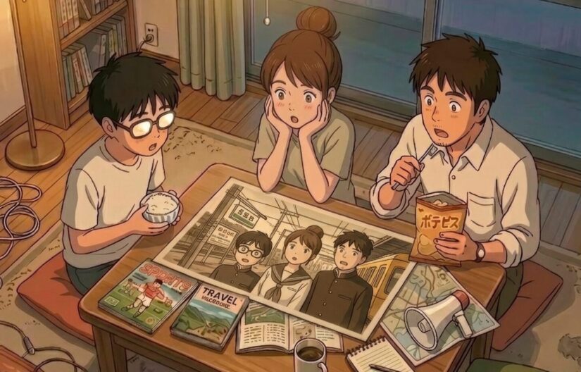 地元の駅で撮影した昔の写真を見ながら故郷の思い出を語る3人を描いたイラスト