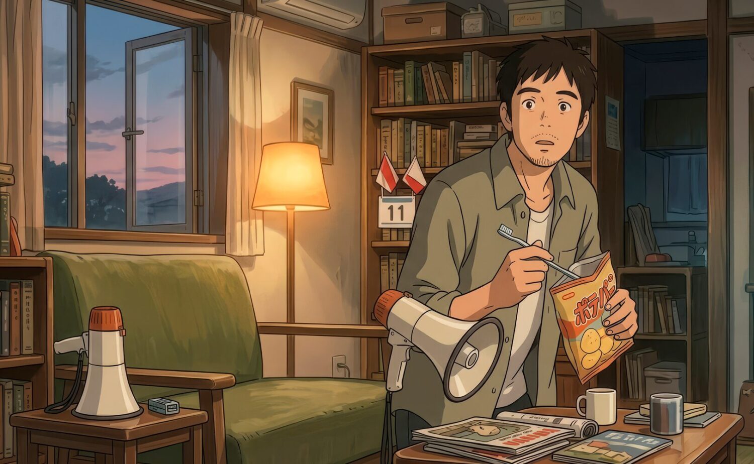 なぜ私たちはスポーツを見るのかを表現したアニメ調イラスト。スポーツ観戦に見入る人物の様子