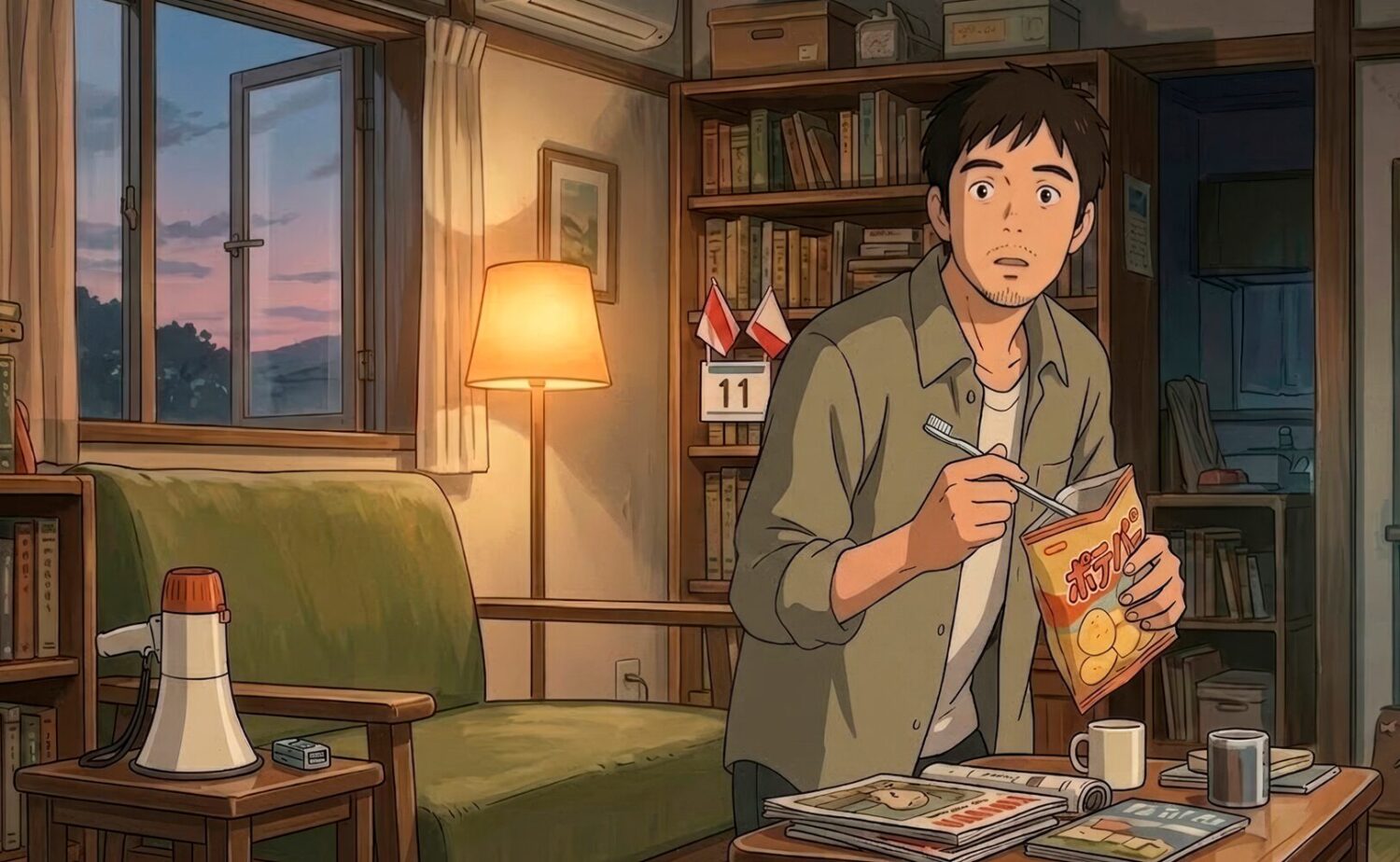 なぜ私たちはスポーツを見るのかを表現したアニメ調イラスト。スポーツ観戦に見入る人物の様子