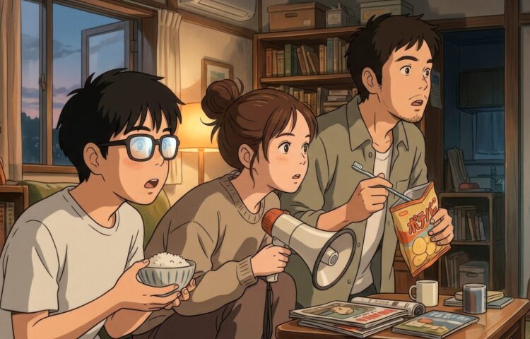 なぜ私たちはスポーツを見るのかを表現したアニメ調キービジュアル。スポーツ観戦中の3人が同じ画面に見入る様子