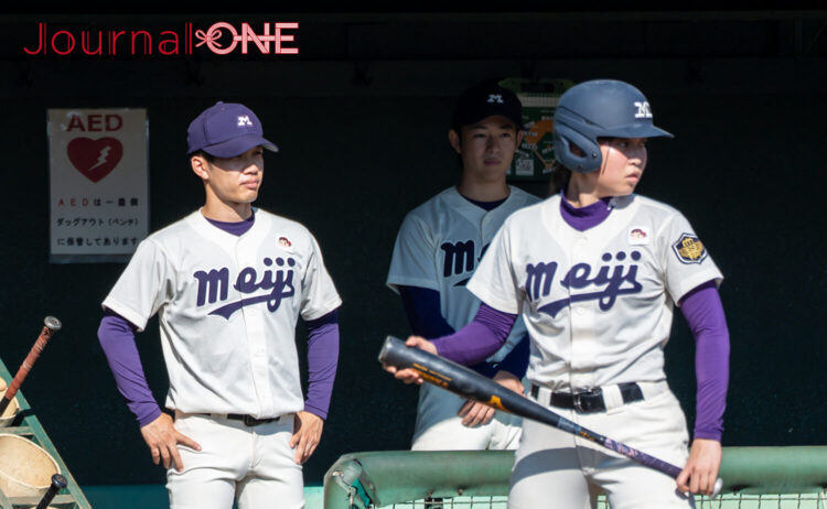 戦況を見つめる藤﨑監督(左)と4番・上村-Journal-ONE撮影